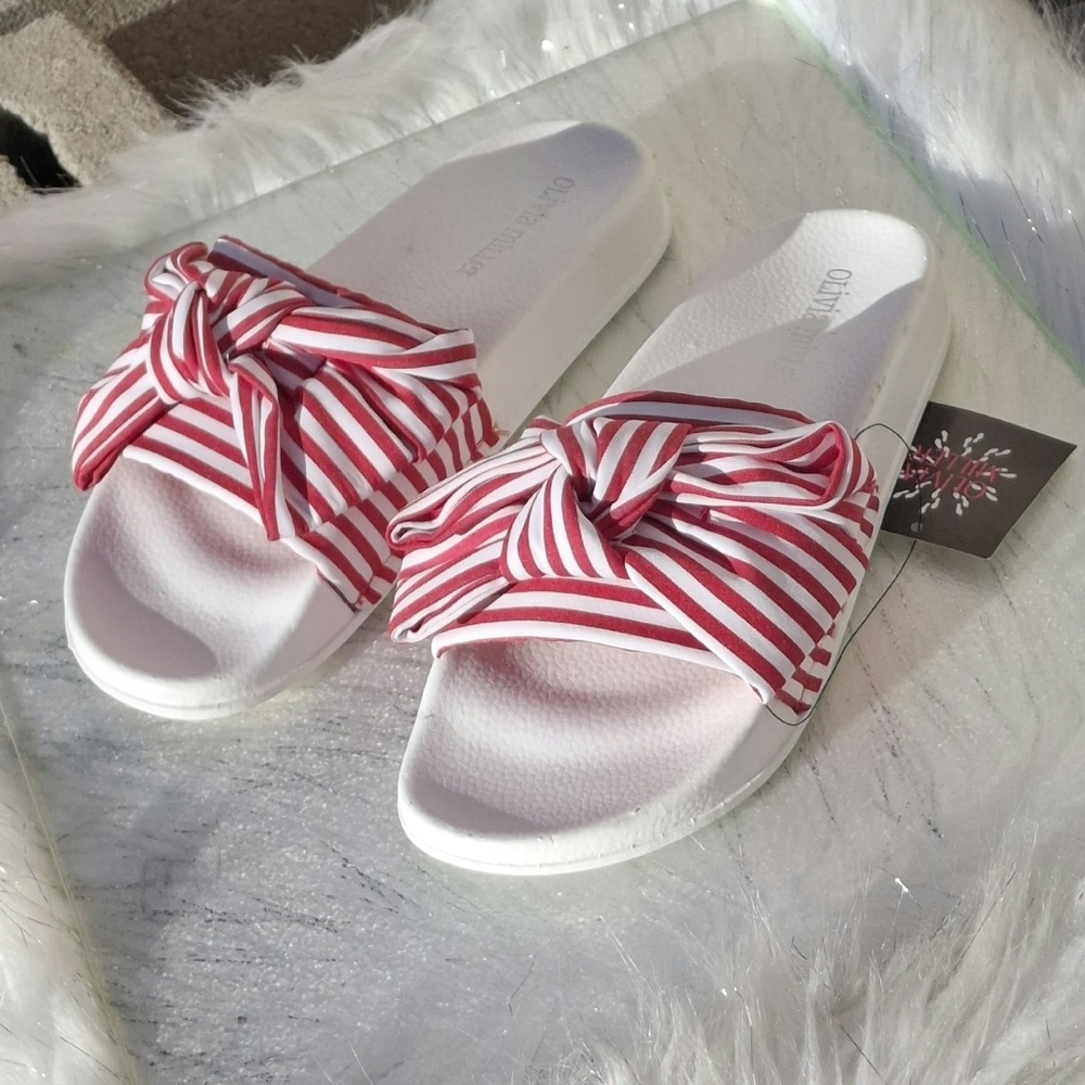 Olivia Miller Red and White Stripes Slip-On Low Wedge Sandals Women Size 6 - Picture 4 of 16